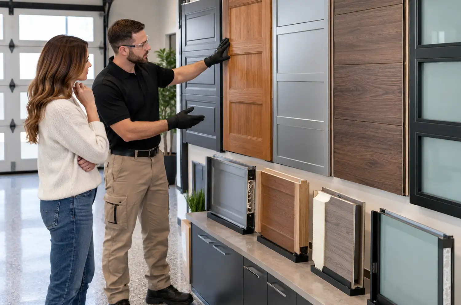 Garage door technicians working together on an installation