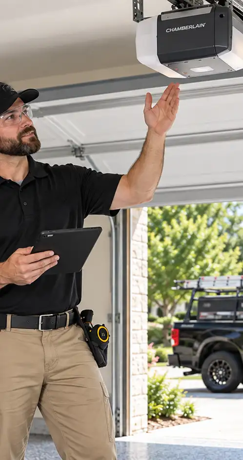 Technician inspecting a residential garage door opener