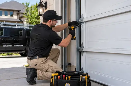 Technician repairing a garage door mechanism